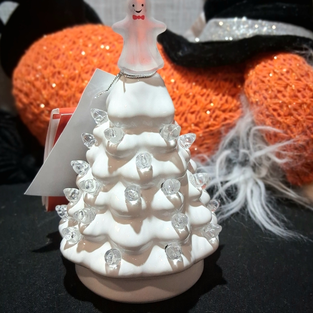 Mr. Halloween CERAMIC TREE mini size GHOST WHITE LED BRAND-NEW w/tags 👻 - Picture 2 of 9